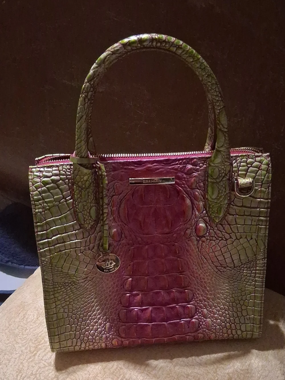 Brahmin Croco-Embossed Satchel in Pink and Green Iridescent